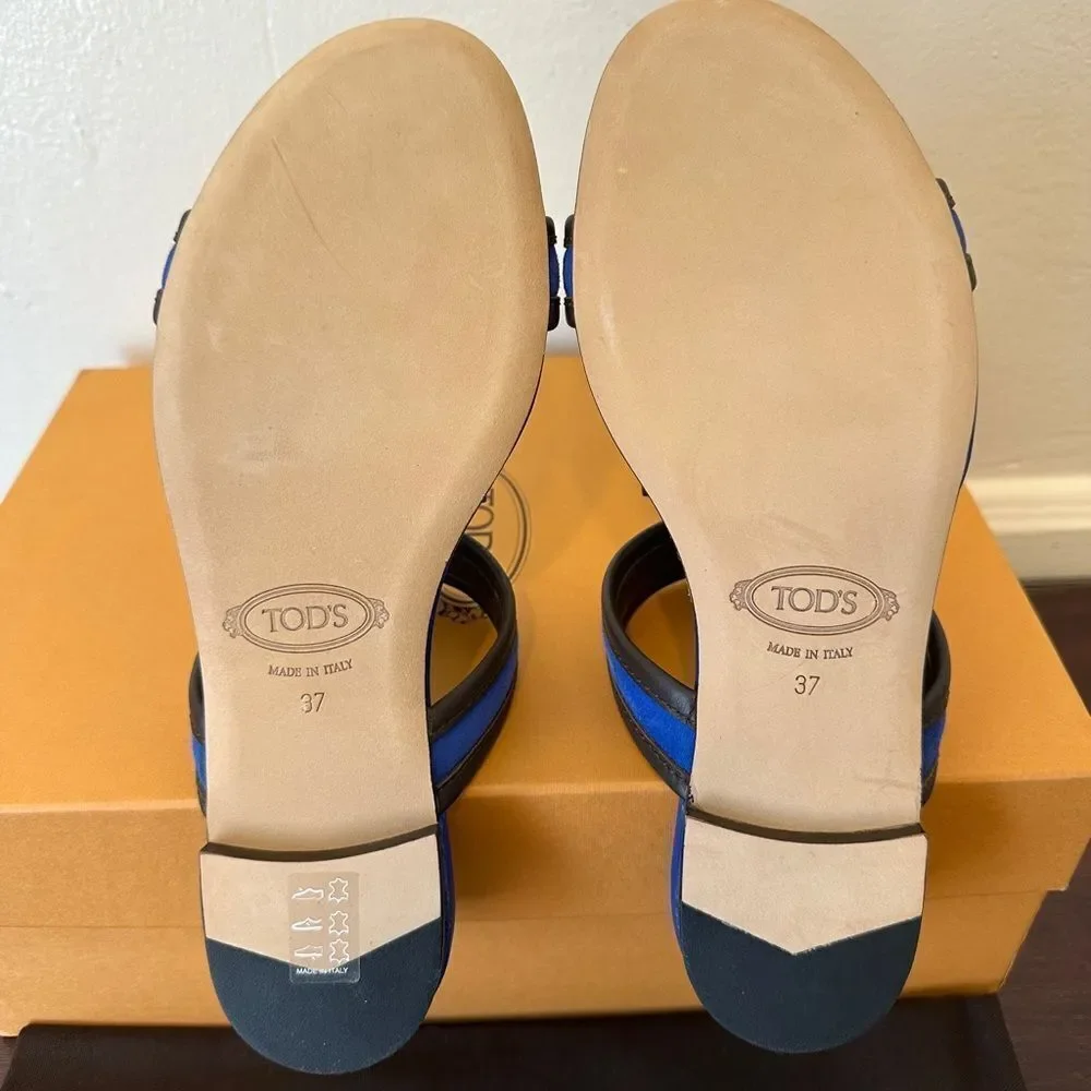 Tods Women’s open toe, slip-on leather blue stylish sandals size 7, NIB